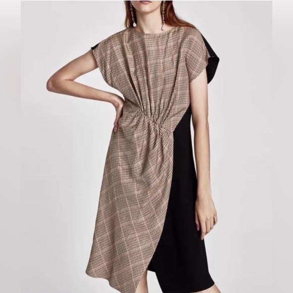 ZARA Tan and Black Asymmetrical Fitted Dress size L - Picture 1 of 16